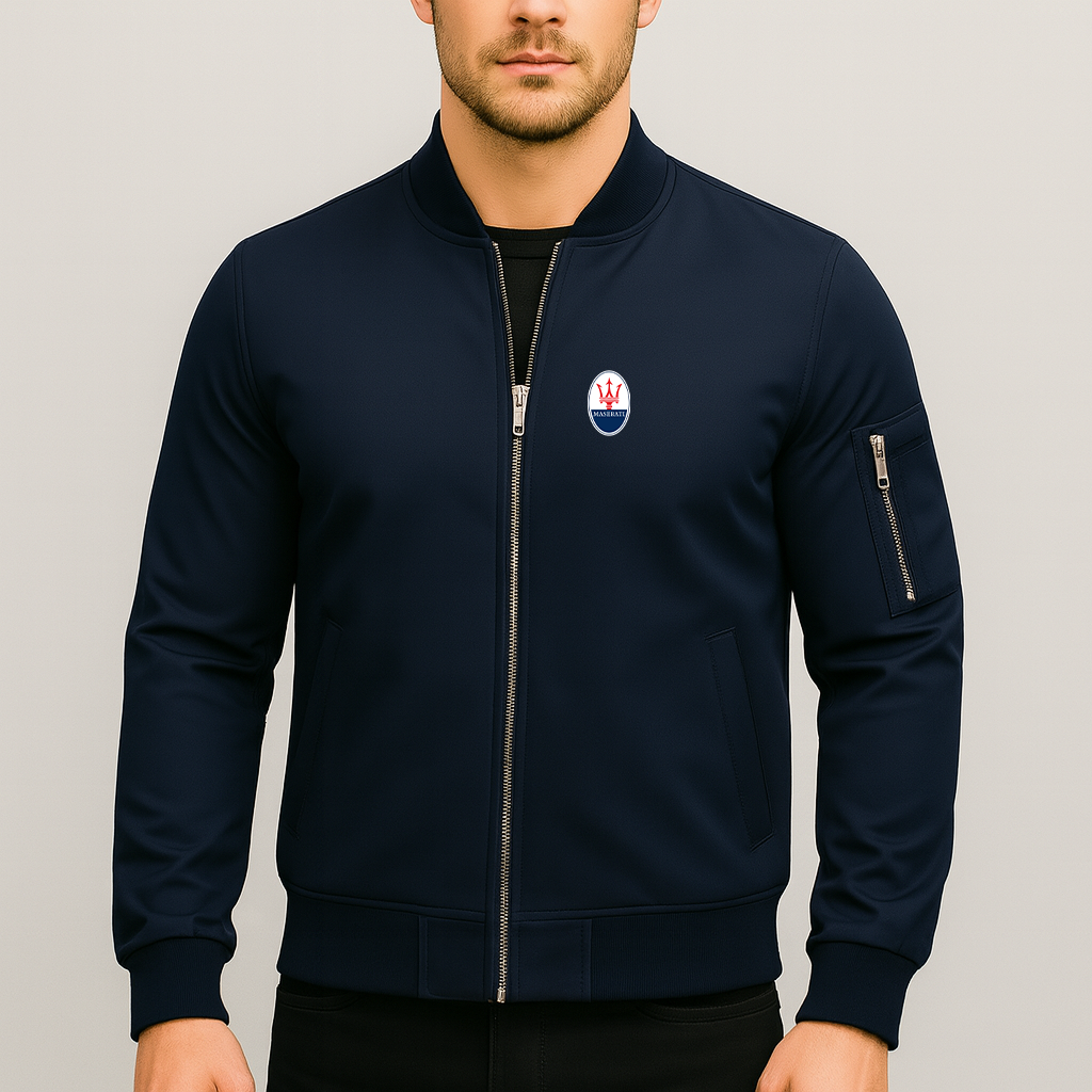 Men’s Maserati Car Lightweight Zip-Up Bomber Jacket with Ribbed Collar and Cuffs - Versatile Casual Outerwear